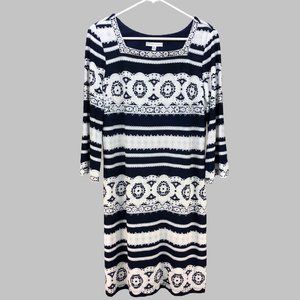 SANDRA DARREN navy & white textured jersey shift SZ 10